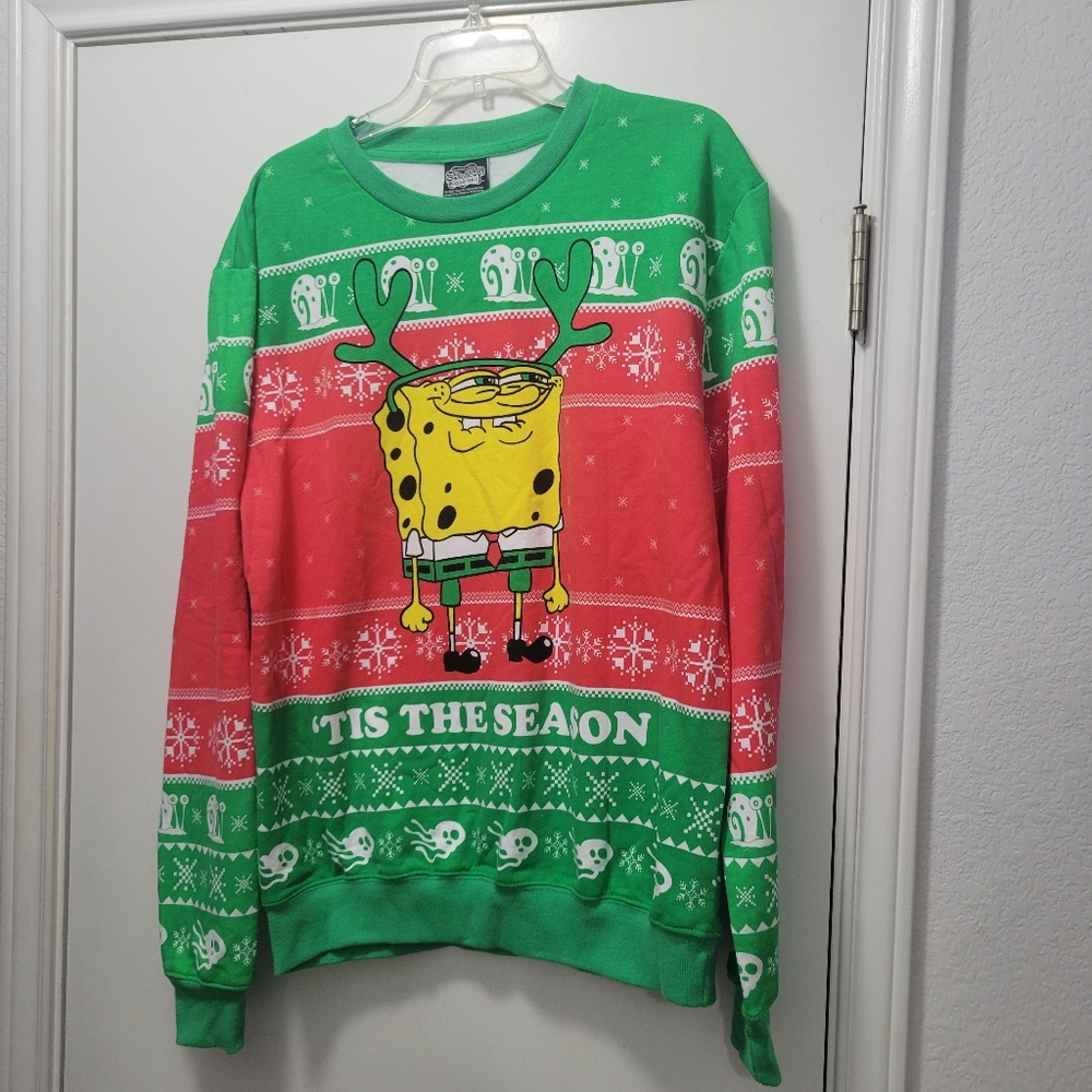 Nickelodeon Sponge Bob Ugly Christmas Sweater, Red and Green, Size M